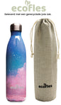 Thermos fles 750ml in blauw-paarse ombre met herbruikbare jute zak van Ecofles.