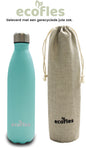 Thermos fles 750ml Ecofles in blauw met jute zak, duurzame RVS waterfles.