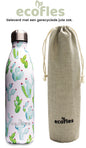 Thermos fles 750ml met cactus design, geleverd met gerecycleerde jute zak, Ecofles waterfles.